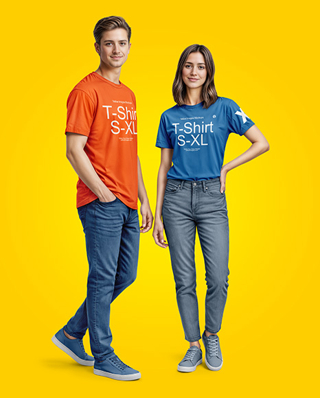A Young Man and a Young Woman Wearing T-shirts and Jeans Mockup