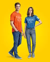 A Young Man and a Young Woman Wearing T-shirts and Jeans Mockup