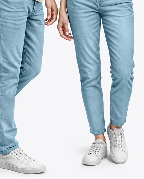 A Young Man and a Young Woman Wearing T-shirts and Jeans Mockup