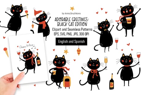 Adorable Greetings: Black CAT Edition Clipart and Seamless Patterns - Graphics