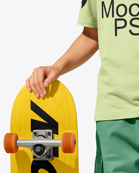 Boy Wearing T-Shirt and Cargo Pants with Skateboard Mockup