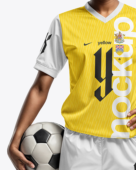 A Black Woman Wearing a Full Soccer Kit with a Ball Mockup