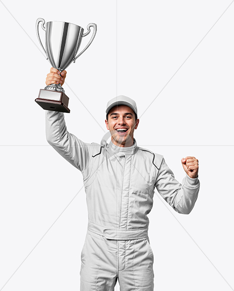 Man Wearing Racing Kit With Cup Mockup