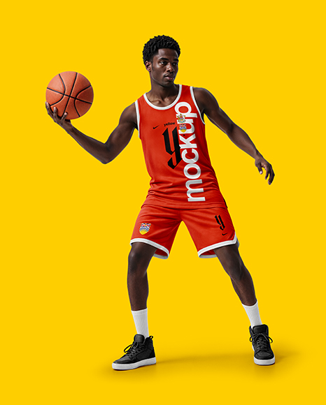 Basketball Player Wearing a Crew Neck Jersey and Shorts Holding a Basketball Mockup