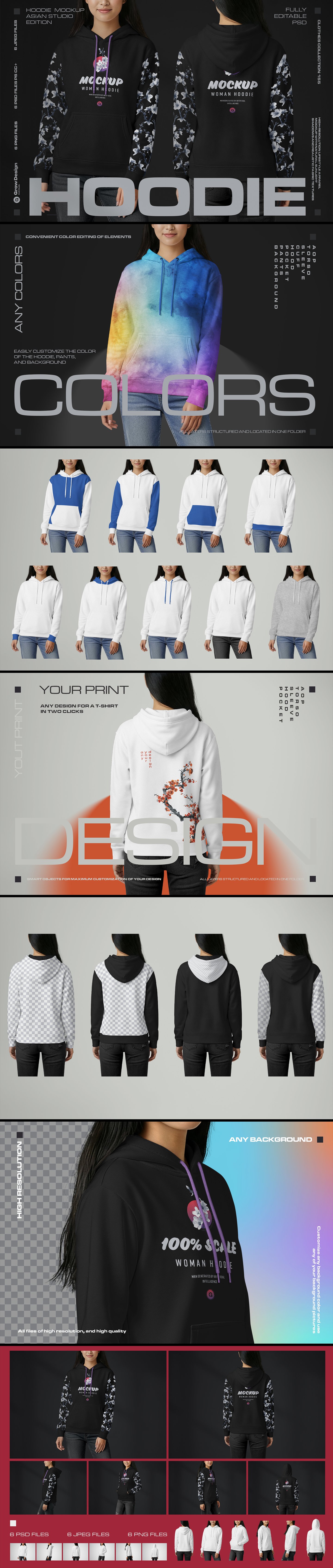 Women Hoodie Mockup Set Asian Model Studio. Generated Ai