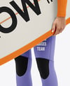Female Surfer in a Wetsuit with a Longboard Mockup