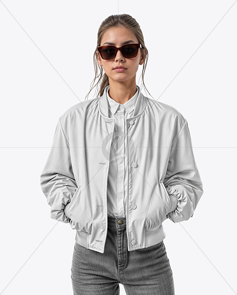 Woman in Sunglasses Wearing Bomber Jacket and Jeans Mockup