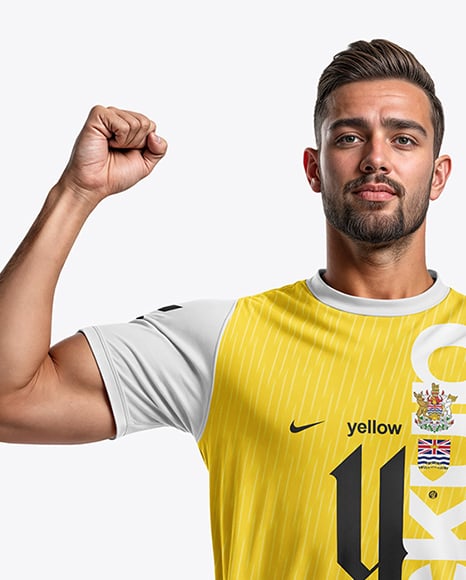Man Wearing Soccer Jersey and Shorts Mockup