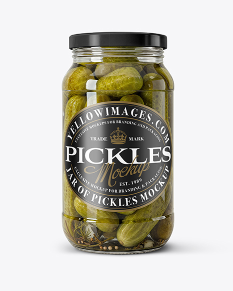 Glass Jar with Wholes Dill Pickles Mockup - Glass+Jar+Of+Pickled+Cucumbers+Mockup+Set+In+Packaging+Mockups