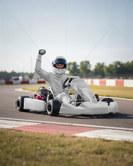 Man Wearing Full Racing Kit in Racing Kart Mockup