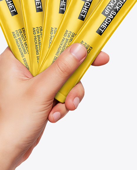 Five Sachets in a Hand Mockup