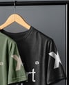 Three T-Shirts on a Wooden Hanger Against a Plain Background Mockup