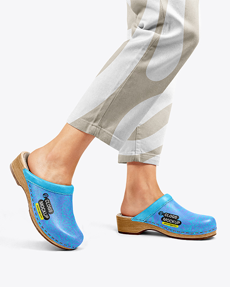 Pair of Clogs on Woman's Legs with Pants Mockup - Flared pants mockup