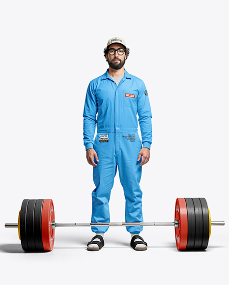 Powerlifter Wearing Janitor Uniform and Cap with Barbell Mockup