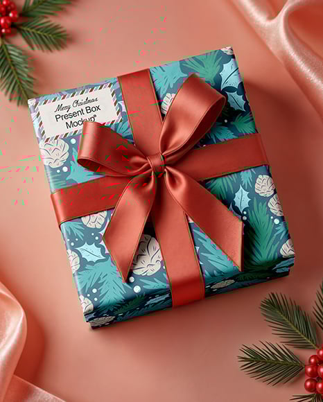 Christmas Gift Box with Bow Mockup - Textured+Gift+Box+With+Apple+iPhone+X+Mockup+-+Top+View+in+...