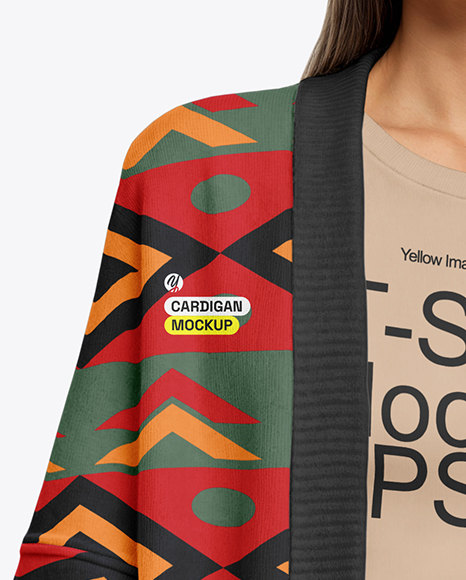Young Asian Woman Wearing Cardigan and T-Shirt Mockup