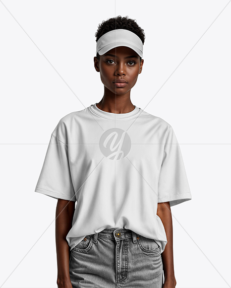 Young Black Woman Wearing Oversized T-Shirt and Sun Visor Mockup