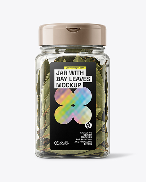Square Plastic Jar with Bay Leaves Mockup - Plastic jar mockup
