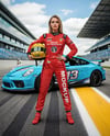Woman Wearing Racing Kit With Racing Car Mockup