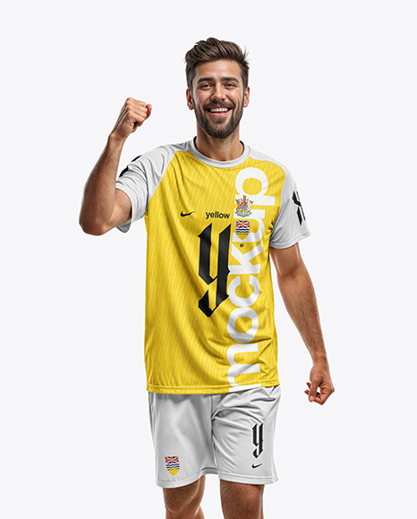 Soccer Player Wearing Raglan Jersey and Shorts Mockup - Men+S+Soccer+V+Neck+Jersey+Ls+Mockup+Front+View+In+Apparel+Mockups+On+Yellow+Images+Object+Mockups