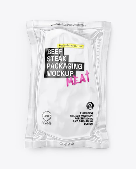 Clear Plastic Flow-Pack with Beef Steak Mockup