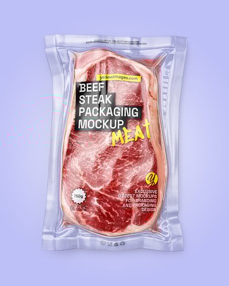 Clear Plastic Flow-Pack with Beef Steak Mockup