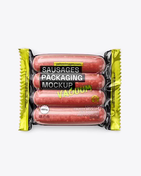 Glossy Plastic Flow-Pack with Sausages Mockup