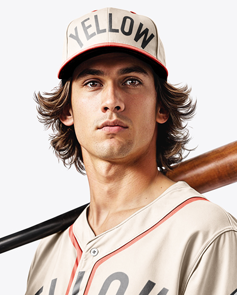 Young Man Wearing a Full Baseball Kit with Bat Mockup