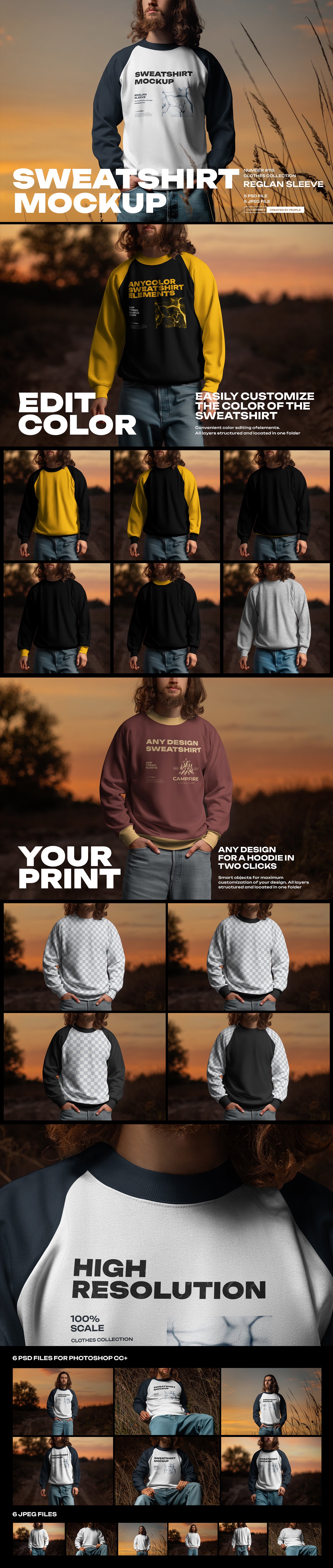 6 Mockups of Men&#039;s Raglan Sleeve Sweatshirt on the Sunset Outdoor