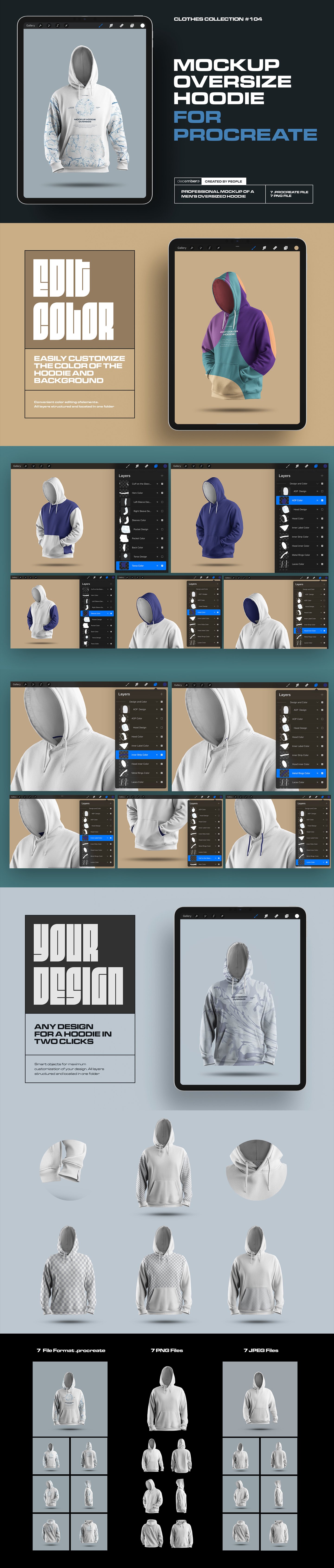 7 Mockups Oversize Hoodie in 3D Style for Procreate on the iPad