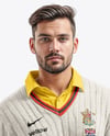 Man Wearing a Full Cricket Kit with Bat Mockup