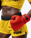 Black Female UFC Fighter Wearing T-Shirt & Shorts Mockup