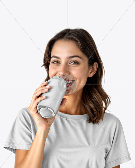 Woman Wearing a T-shirt Holding Drink Can Mockup