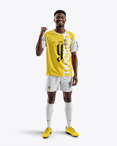 Afro-American Man Wearing a Full Soccer Kit Mockup - COMPRESSION+SOCK+(SHORT)+FLUOR-BLACK+|+JOMA