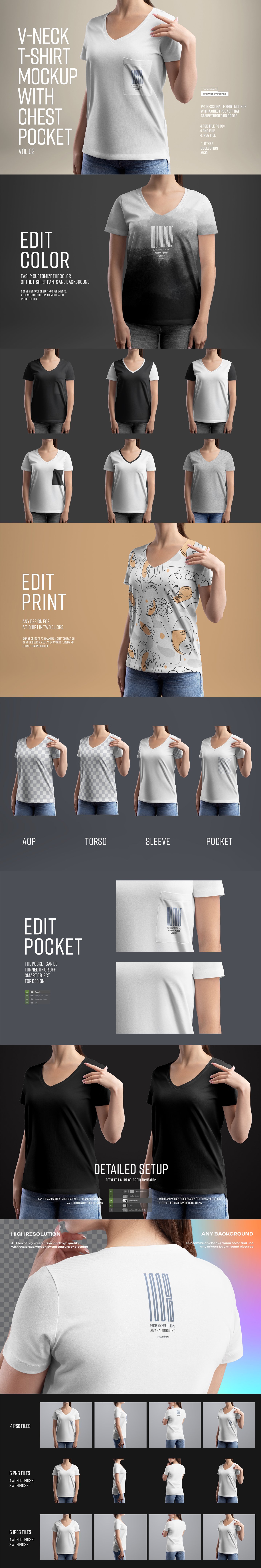 4 Mockup Woman V-Neck T-Shirt with a Chest Pocket. vol.02
