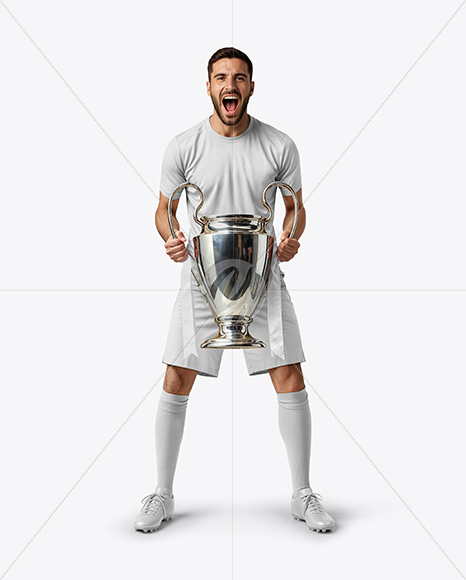 Man Wearing Soccer Jersey and Shorts Holds Cup Mockup