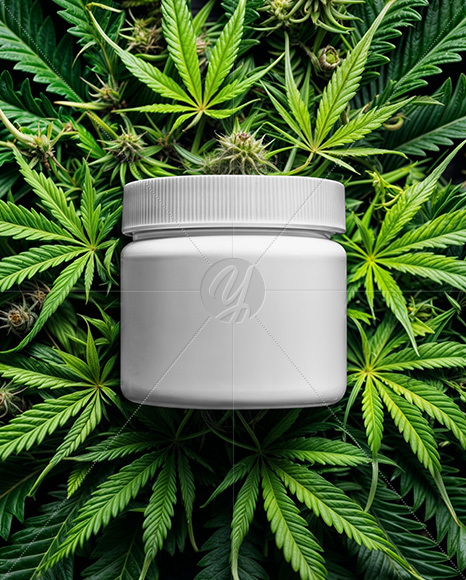 Plastic Supplements Jar on a Hemp Leaves Mockup