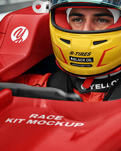 Man Wearing Racing Kit in Formula 1 Car Mockup