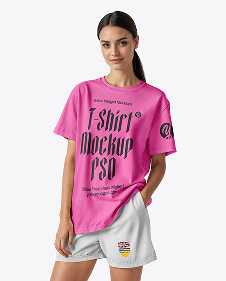 Young Woman Wearing a T-Shirt and Shorts Mockup - Female+T+Shirt+Mockup+Psd+Tshirt+Mockup+Shirt+Mockup+Cool+T+Shirts