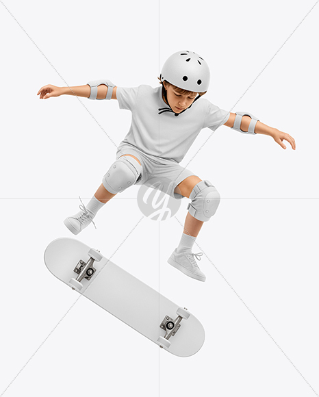 Boy Wearing T-Shirt and Shorts with Skateboard Mockup