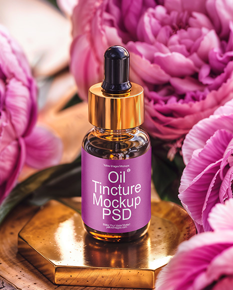 Amber Dropper Bottle with Oil Tincture Surrounded by Flowers Mockup