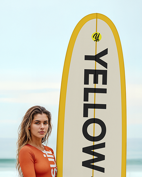 Woman Wearing Bodysuit Holding Surfboard Mockup