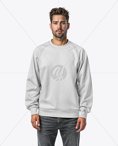 Bearded Man Wearing Raglan Sweatshirt and Jeans Mockup