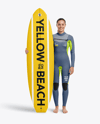 Female Surfer Wearing Wetsuit with Shortboard Mockup