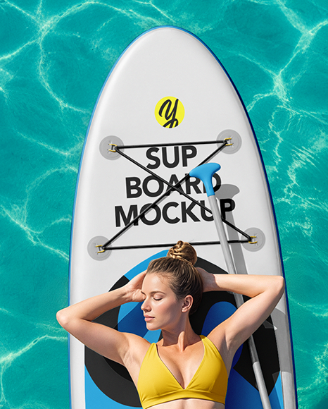 Woman Wearing Bikini Lying on SUP Board Mockup