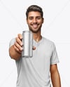 Man Wearing a T-shirt Holding 16oz Drink Can Mockup