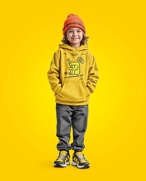 Boy Wearing a Hoodie and Beanie Hat Mockup