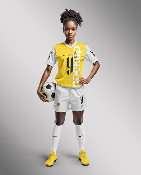 A Black Woman Wearing a Full Soccer Kit with a Ball Mockup