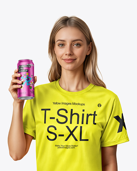 Woman Wearing a T-shirt Holding 16oz Drink Can Mockup - Metal can mockup