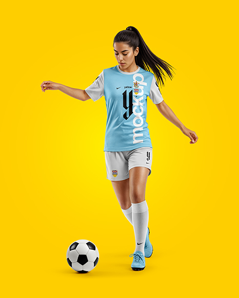Female Soccer Player Wearing Jersey and Shorts Mockup